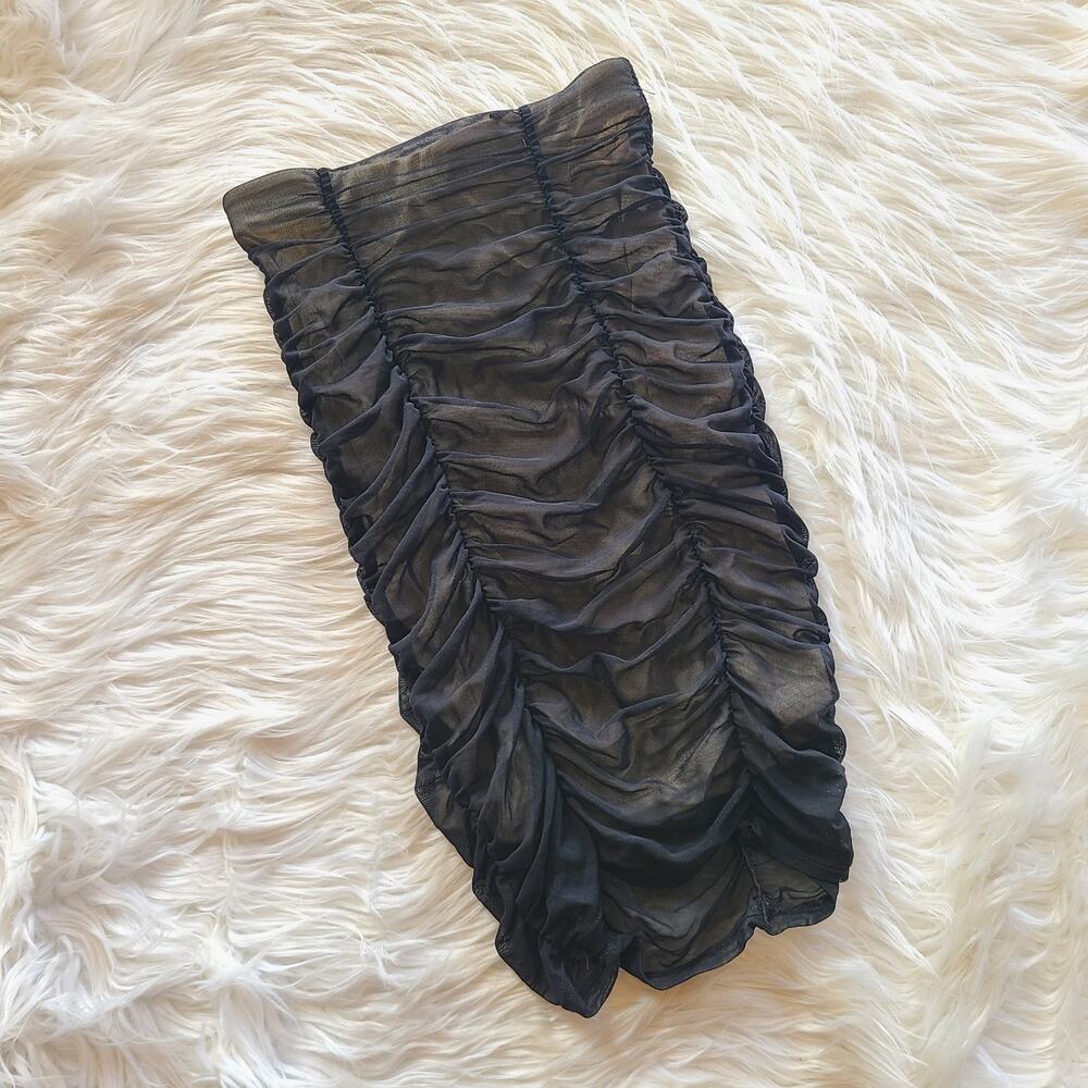 Urban Outfitters Skirt Black Ruched Mesh High Rise Midi Mini XS Bodycon Y2K 90's - Picture 2 of 4